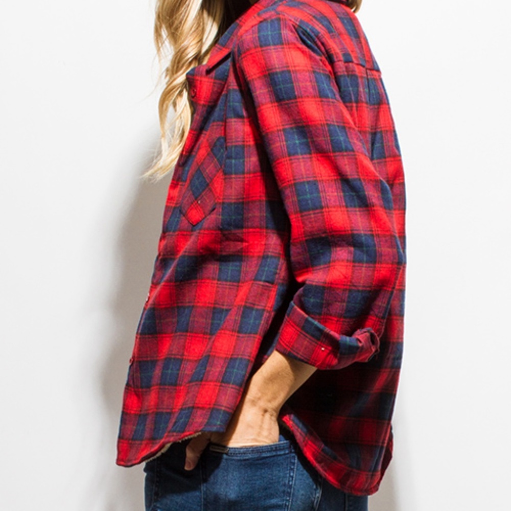 LAST 1! RED/BLUE Plaid Fleece Lined Flannel Top - Picture 3 of 6